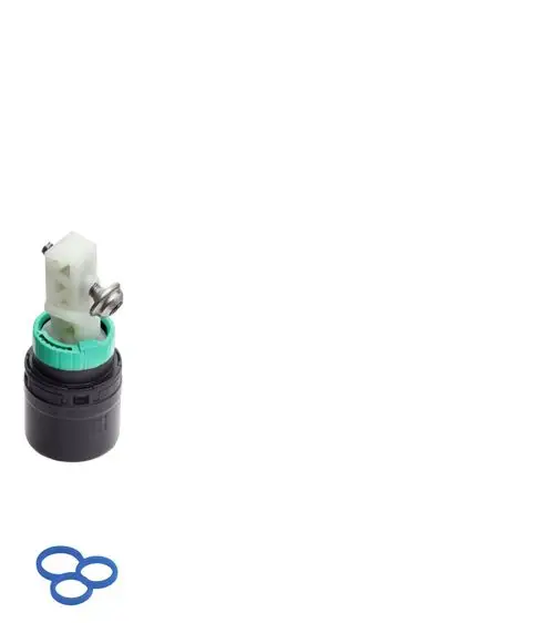 Hansgrohe Kartusche mit Einstellschraube und grüner Dichtung, montiert auf einem schwarzen Gehäuse. Drei blaue O-Ringe liegen daneben.